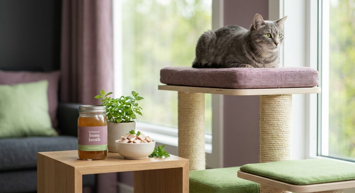 Natural Cat Food: Grey tabby cat on a cat tree, next to homemade bone broth and diced chicken for feline gut wellness.