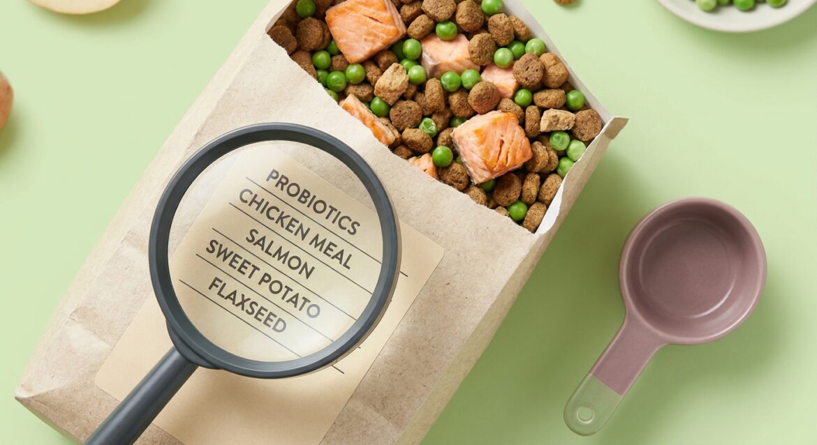 Natural Cat Food: Magnifying glass over a label showing gut-friendly ingredients like probiotics, salmon, and sweet potato in