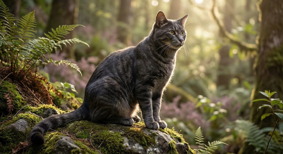 Natural Cat Food: A healthy tabby cat sits on a mossy rock in a sunlit forest, embodying natural feline nutrition and a speci