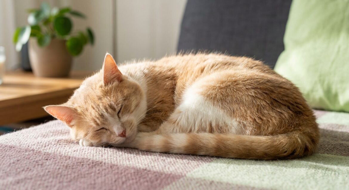 Natural Cat Food: A peaceful ginger and white cat sleeping soundly on a blanket, symbolizing optimal feline gut health and we